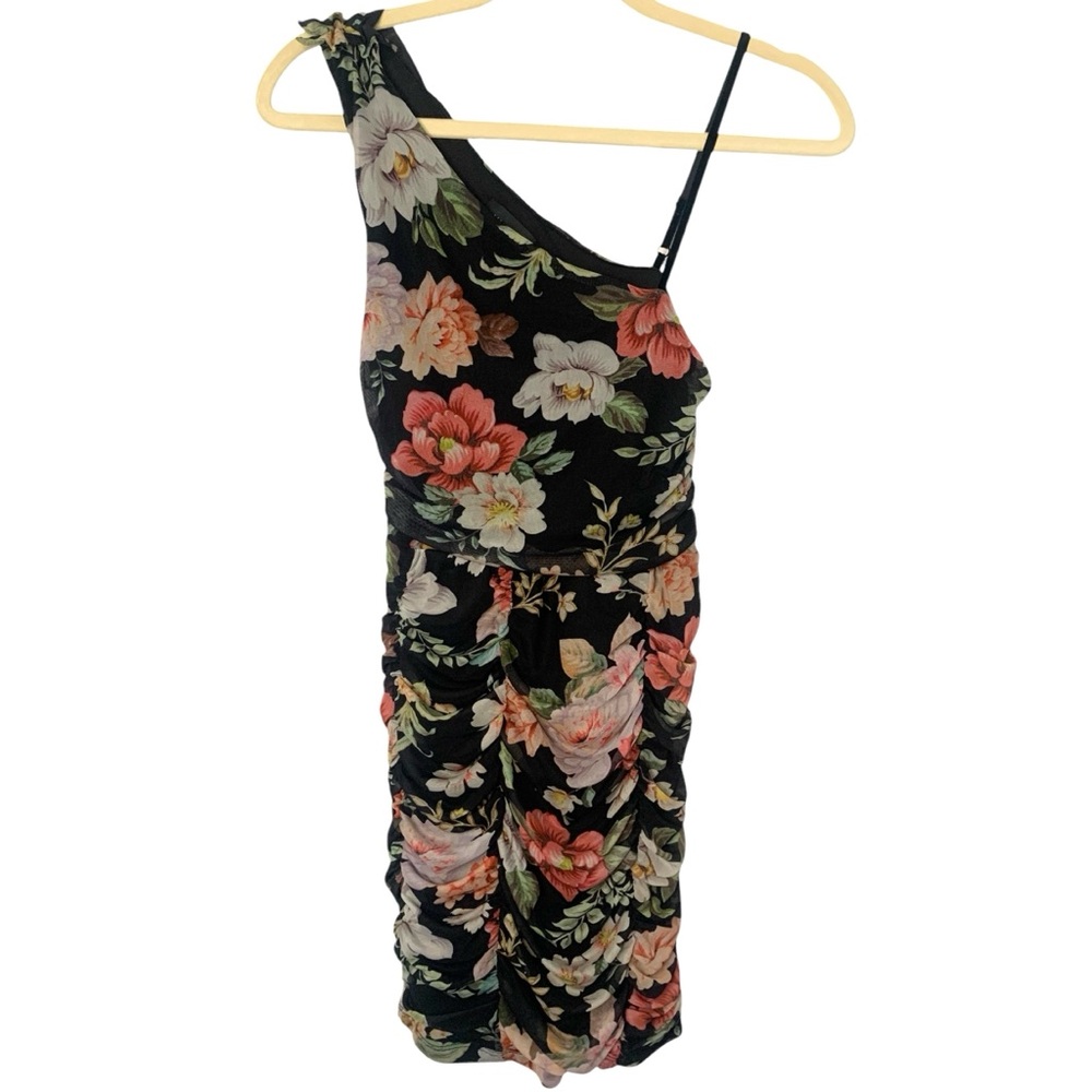 Majorelle XS Black Floral Print Ruched One Shoulder Cassandra Mini Dress